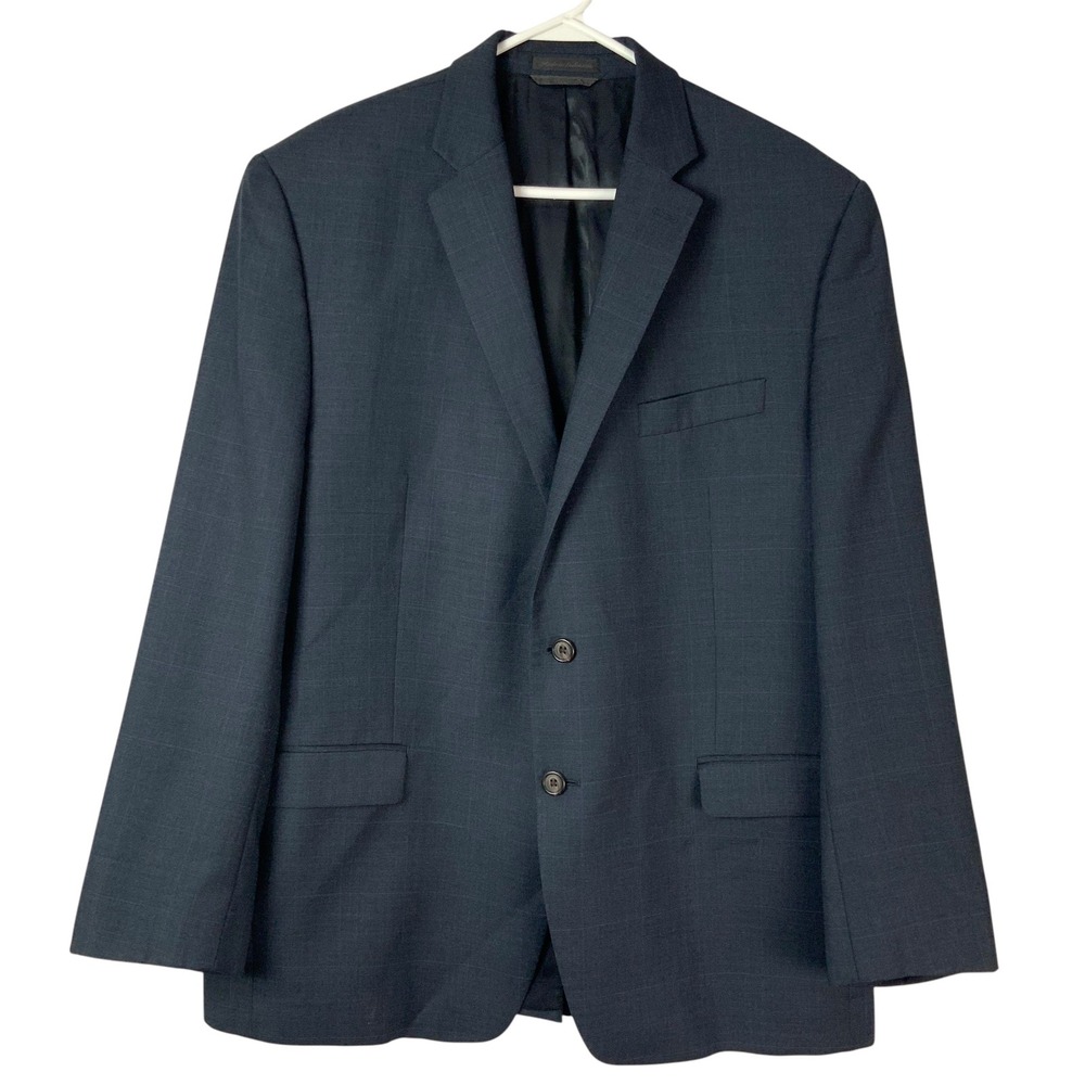 Lauren Ralph Lauren Navy Plaid Wool Blazer 44R 2-Button Notch Lapel Long Sleeve